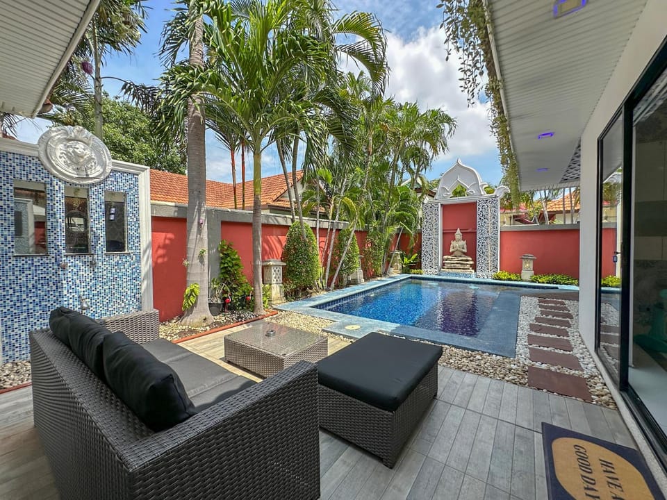 Patio, Seating area, Pool view