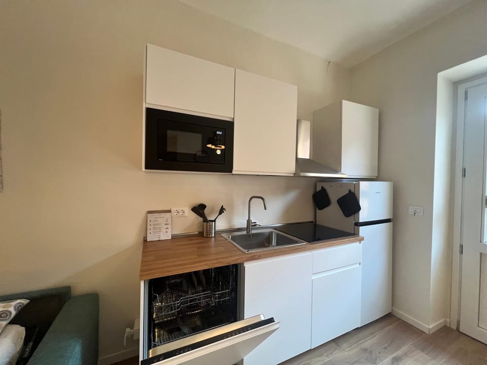 Kitchen or kitchenette, dishwasher, stove
