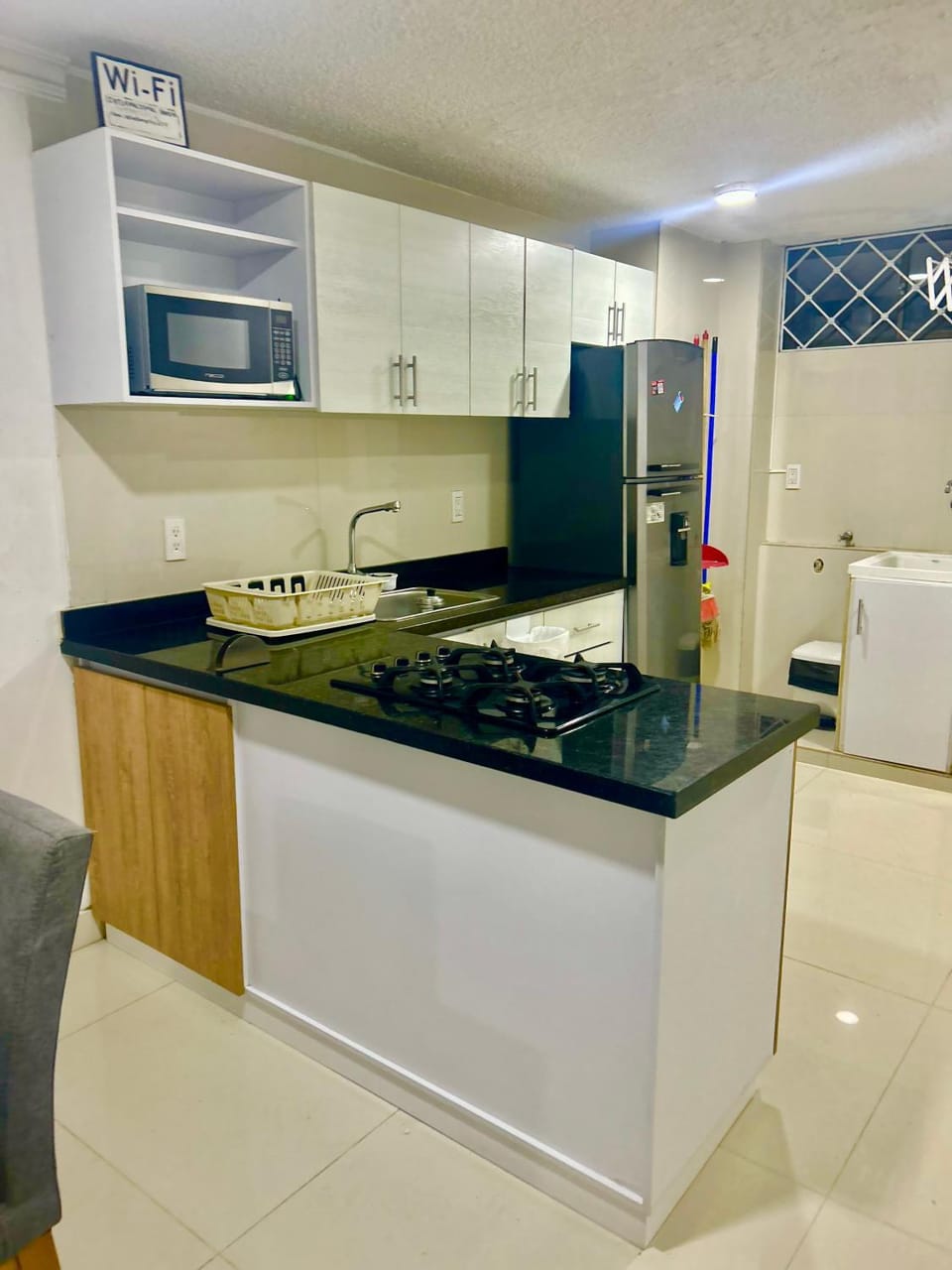 Kitchen or kitchenette, stove