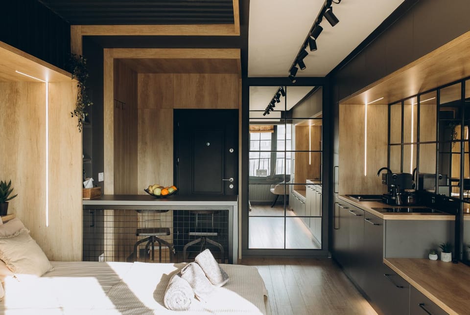 Bed, Kitchen or kitchenette, Living room, Photo of the whole room, Seating area