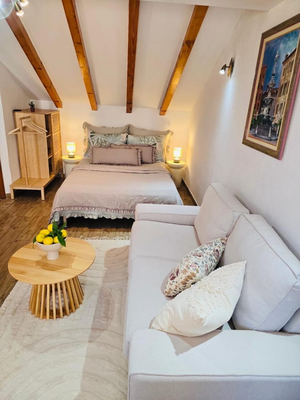 Bed, Seating area, wardrobe
