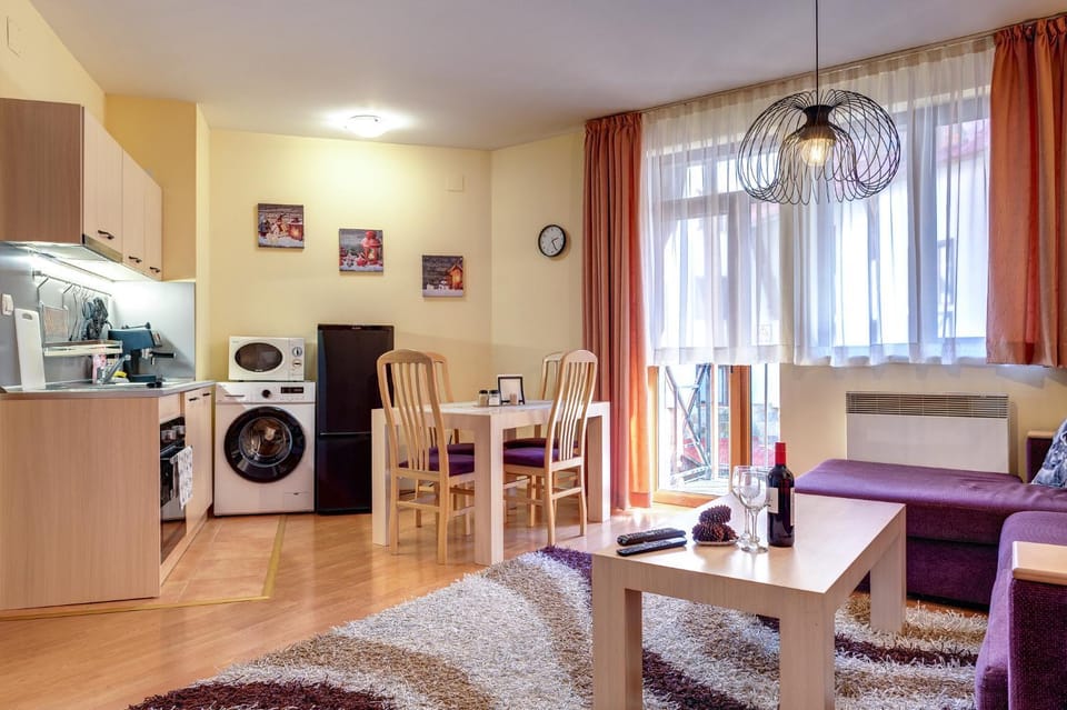 Kitchen or kitchenette, Living room, Seating area, Dining area, minibar, washing machine