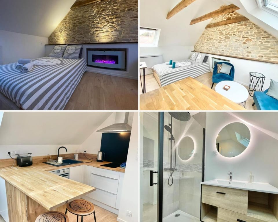 Shower, Bed, Bathroom, Photo of the whole room, Bedroom, stove, toaster, towels, kitchen