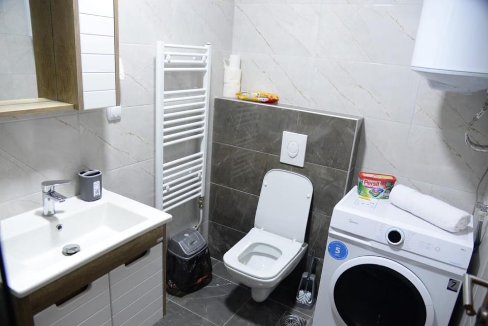 Toilet, Bathroom, bidet, towels, washing machine, dryer