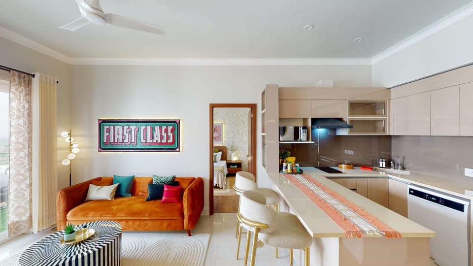 Kitchen or kitchenette, Living room, Seating area, Dining area, stove