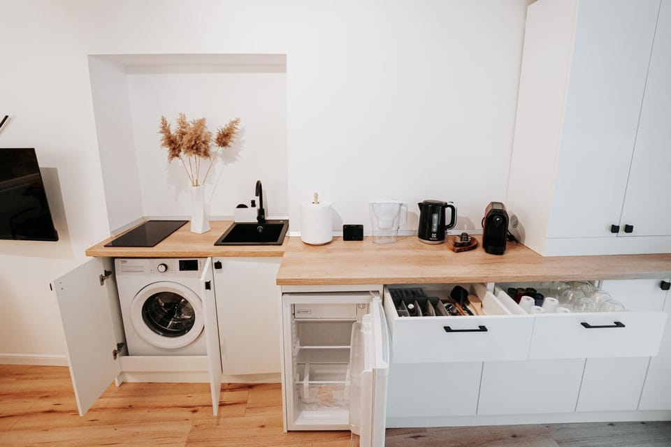 Coffee/tea facilities, Kitchen or kitchenette, stove, washing machine