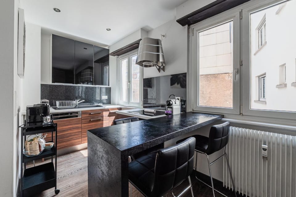 Kitchen or kitchenette, stove