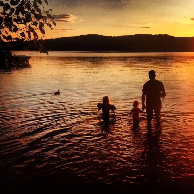 Lake view, Sunset, Family