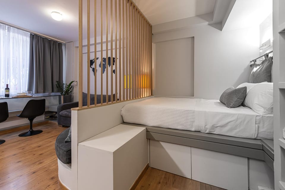 Bed, Living room, Dining area