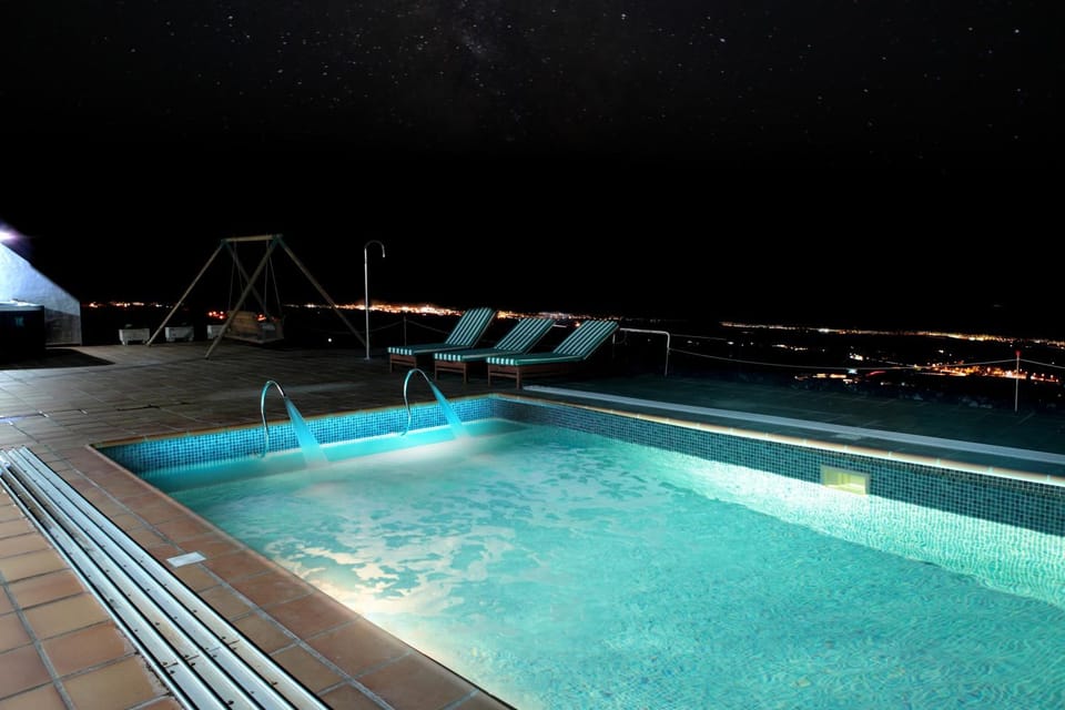 Night, View (from property/room), Pool view, Swimming pool, Open Air Bath, sunbed
