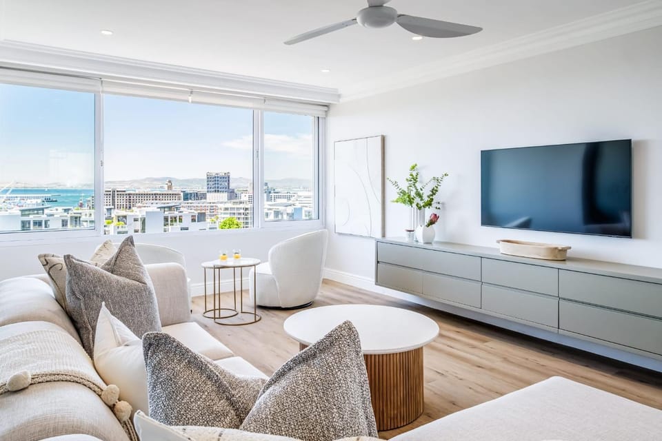 Living room, Seating area, City view, Sea view