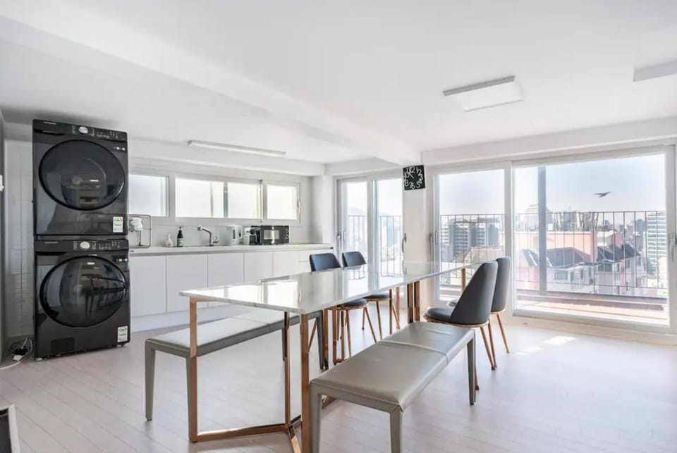 Living room, Seating area, Dining area, stove, washing machine, dryer