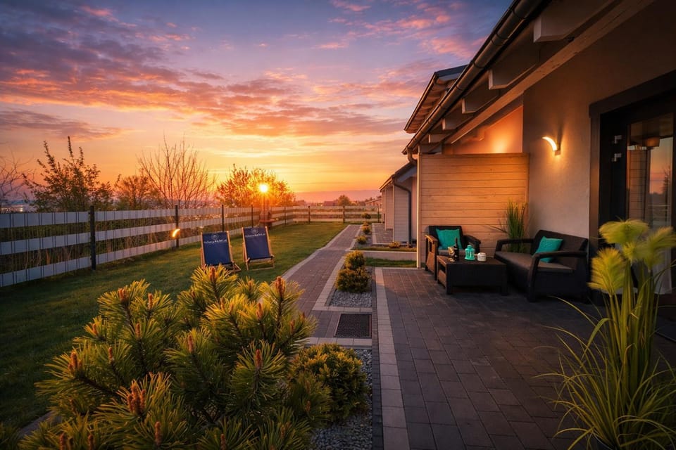 Property building, Patio, Garden, Sunrise