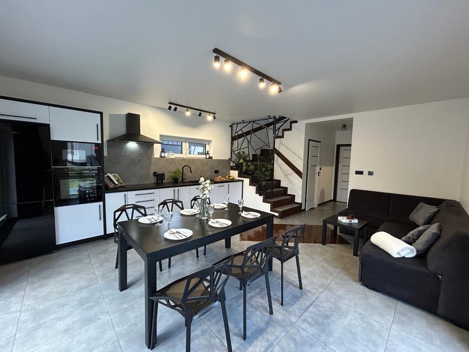 Kitchen or kitchenette, Living room, Seating area, Dining area, stove