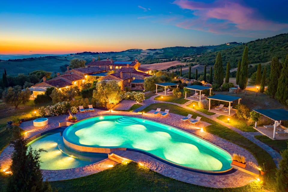 Natural landscape, Bird's eye view, Pool view, Swimming pool, Sunset, sunbed