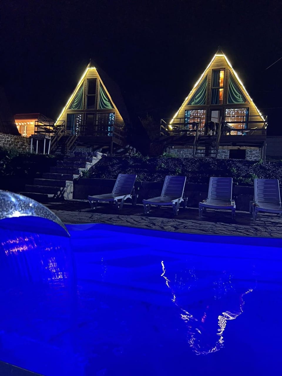Night, Pool view, Swimming pool, sunbed