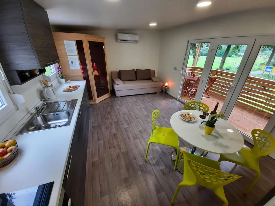 Kitchen or kitchenette, Living room, Seating area, Dining area, air conditioner