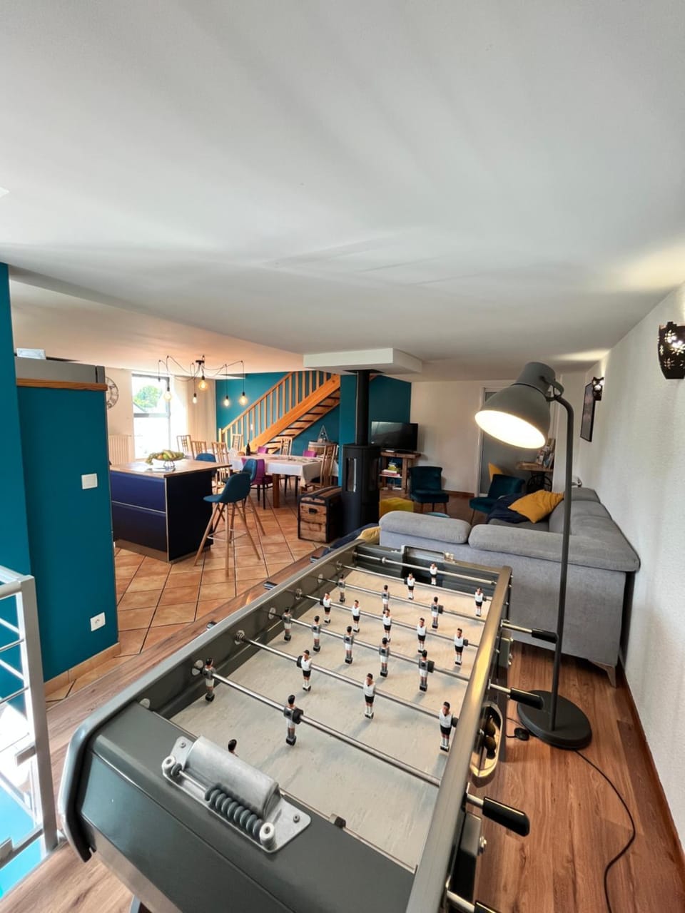 Game Room, Living room, fireplace, kitchen