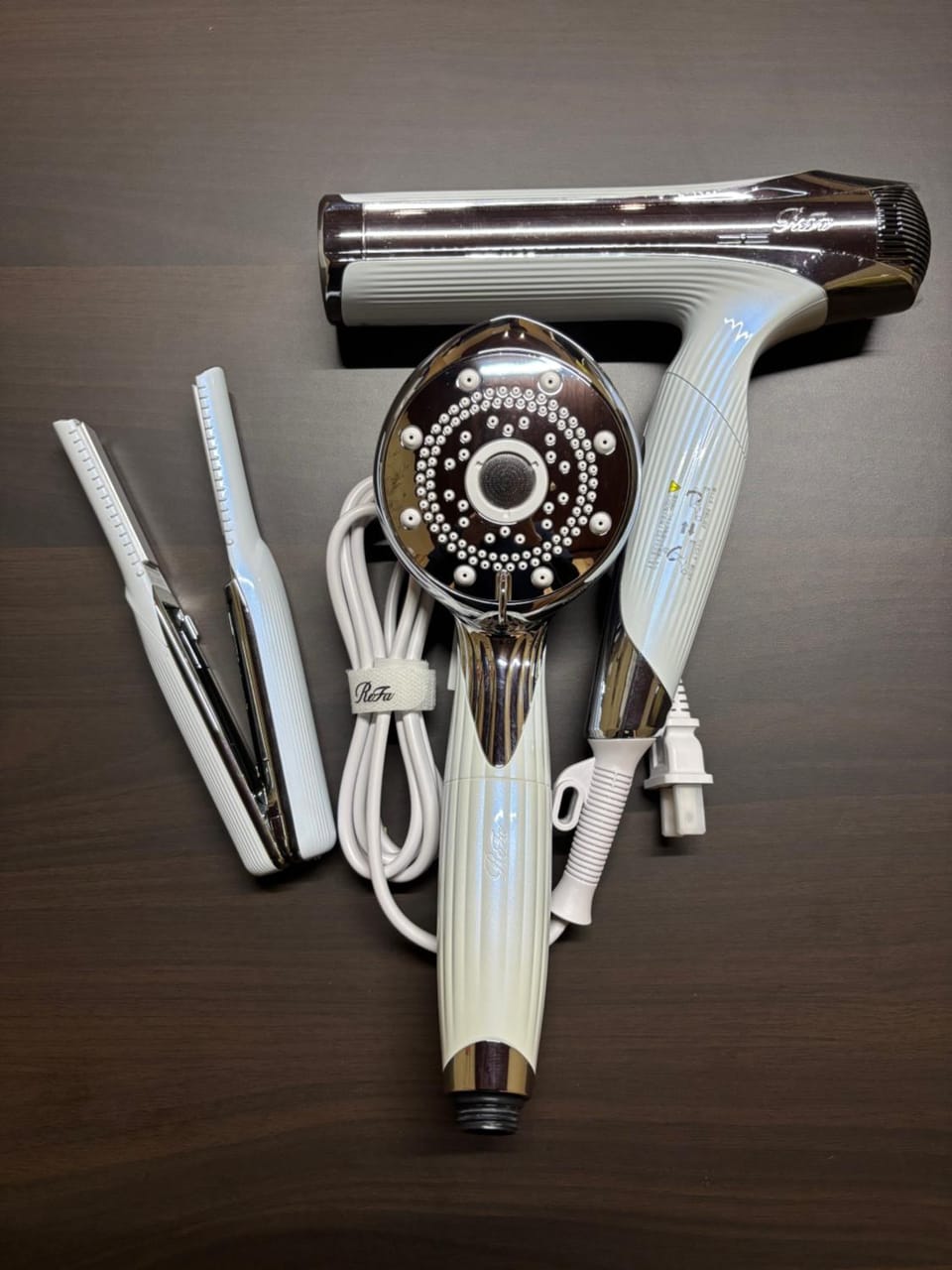 Shower, flat iron, hair dryier