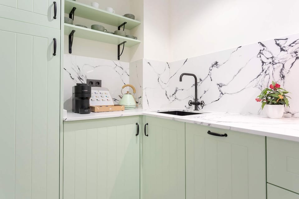 Kitchen or kitchenette, stove