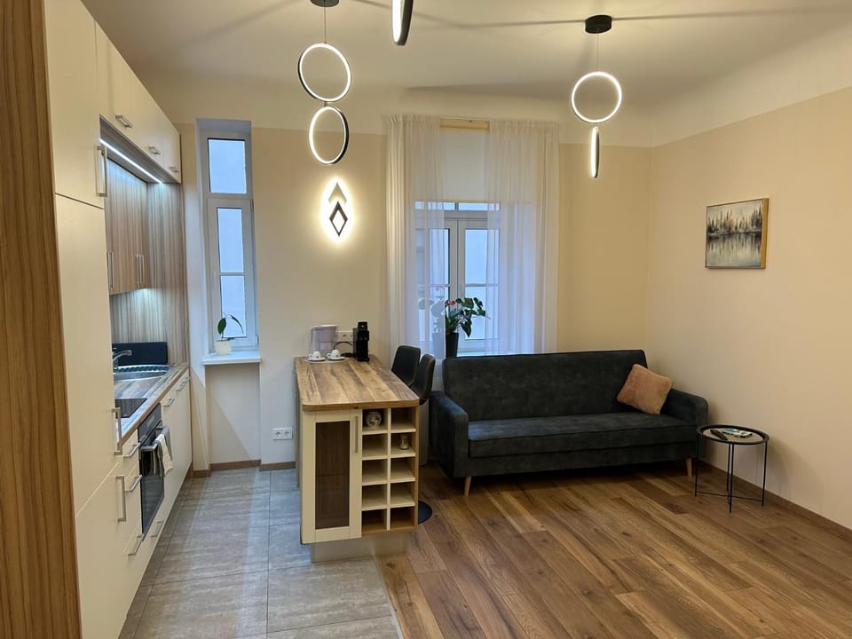 Kitchen or kitchenette, Living room, Seating area, Dining area