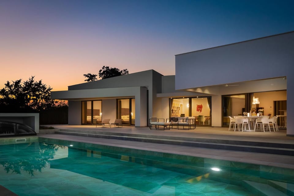 Property building, Patio, Night, Swimming pool