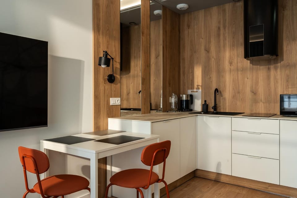 Kitchen or kitchenette, stove