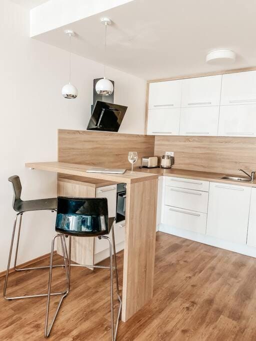 Kitchen or kitchenette, stove