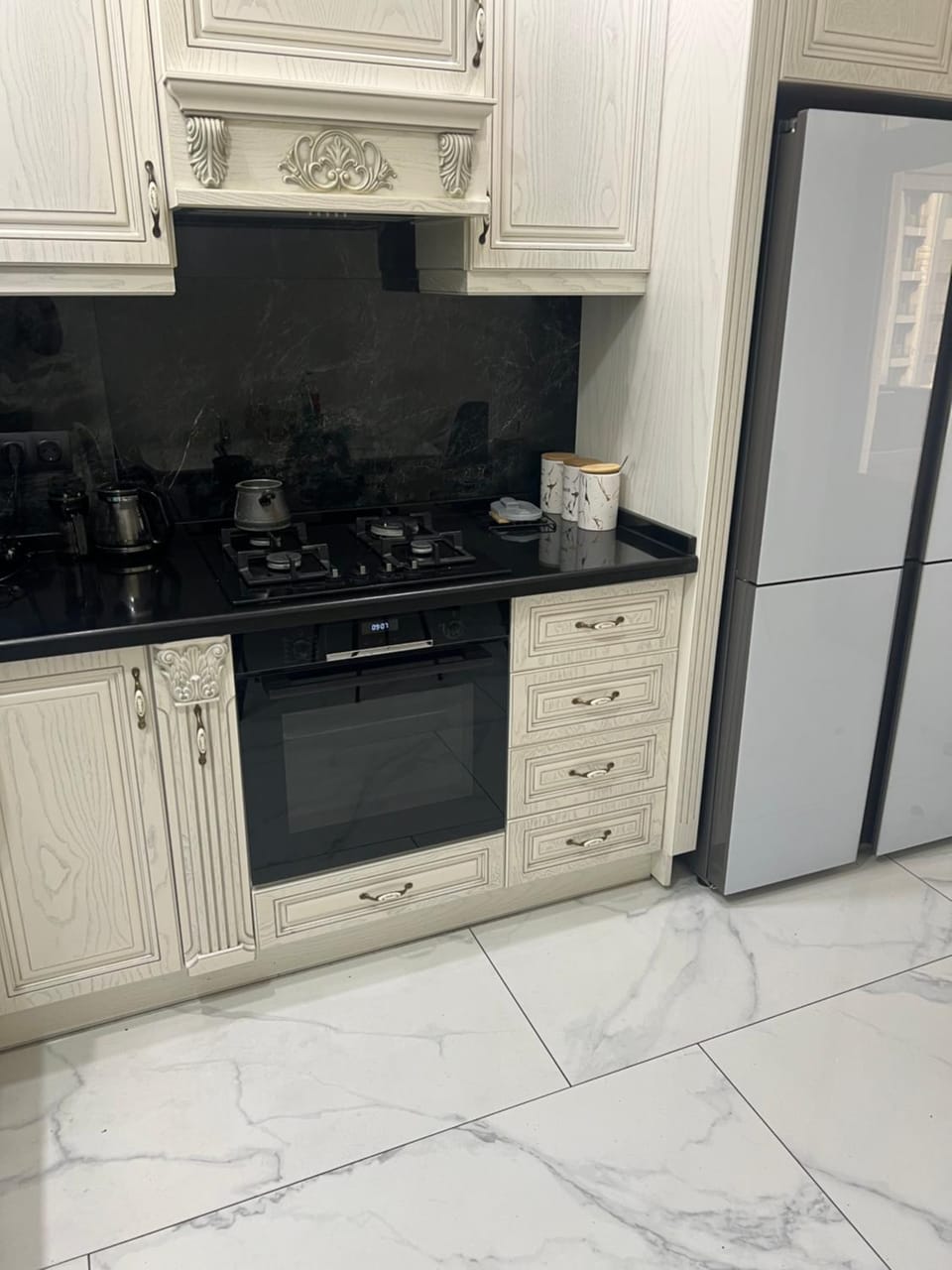 Kitchen or kitchenette, stove