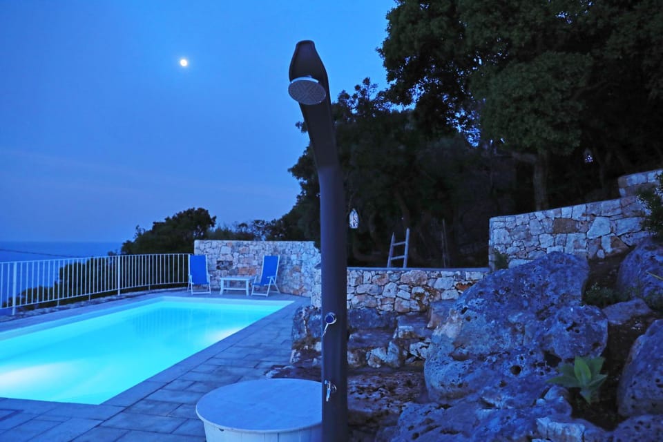 Night, View (from property/room), Balcony/Terrace, Pool view, Sea view, Swimming pool
