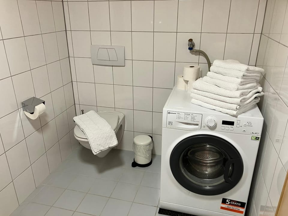 Bathroom, towels, washing machine