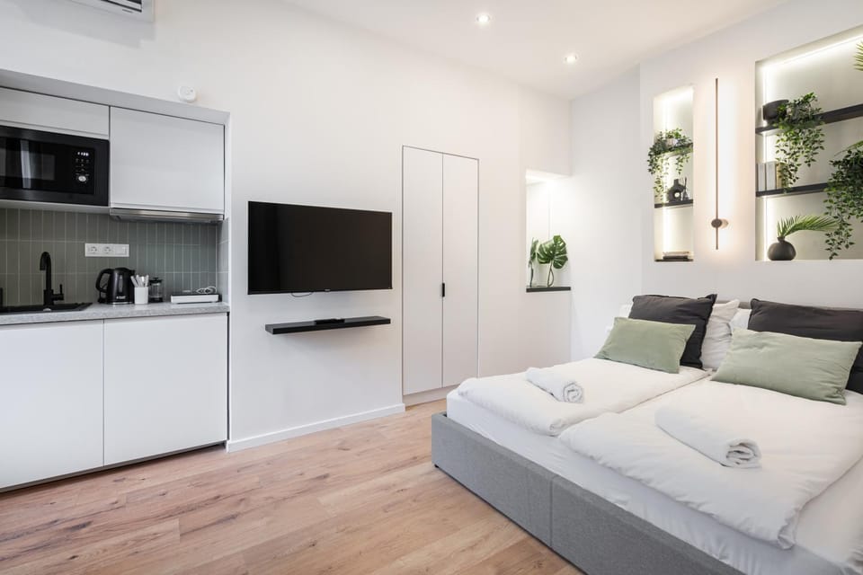 Bed, TV and multimedia, Kitchen or kitchenette, Photo of the whole room, Bedroom, Entertainment, towels