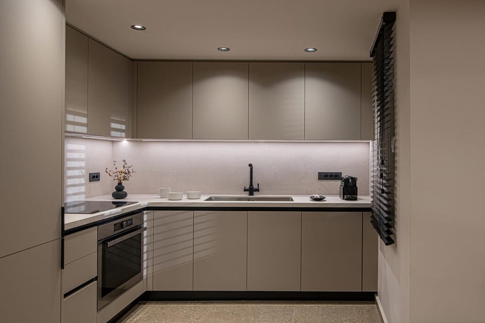 Kitchen or kitchenette, stove