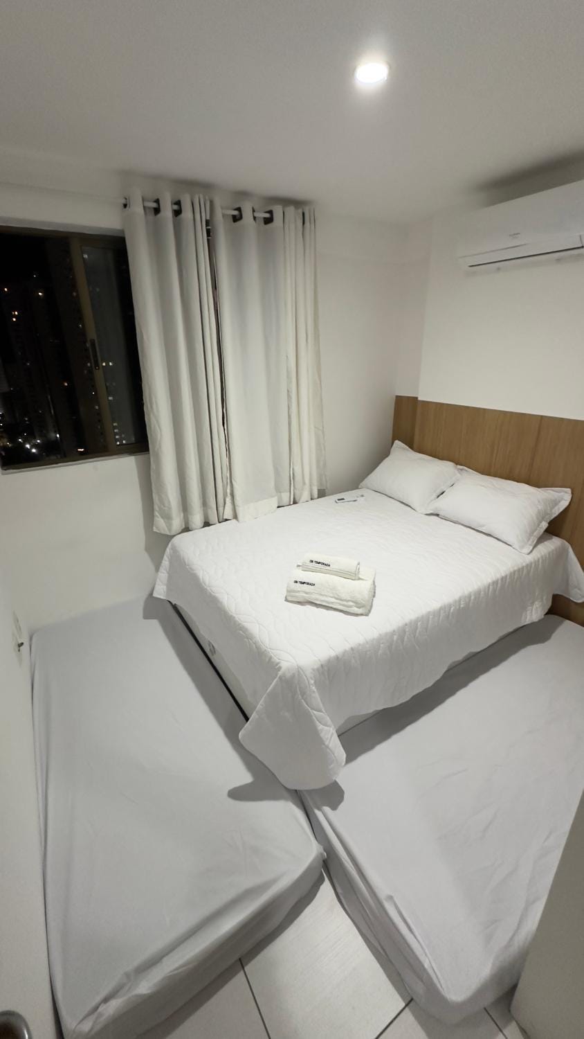 Bed, Photo of the whole room, Bedroom, towels, air conditioner