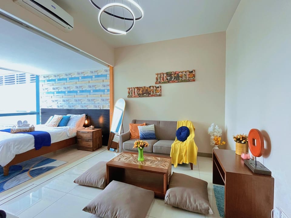 Bed, Living room, Decorative detail, Seating area, Bedroom, air conditioner