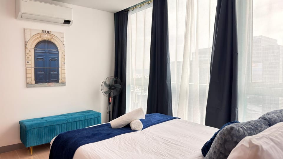 Bed, Day, Bedroom, City view, air conditioner