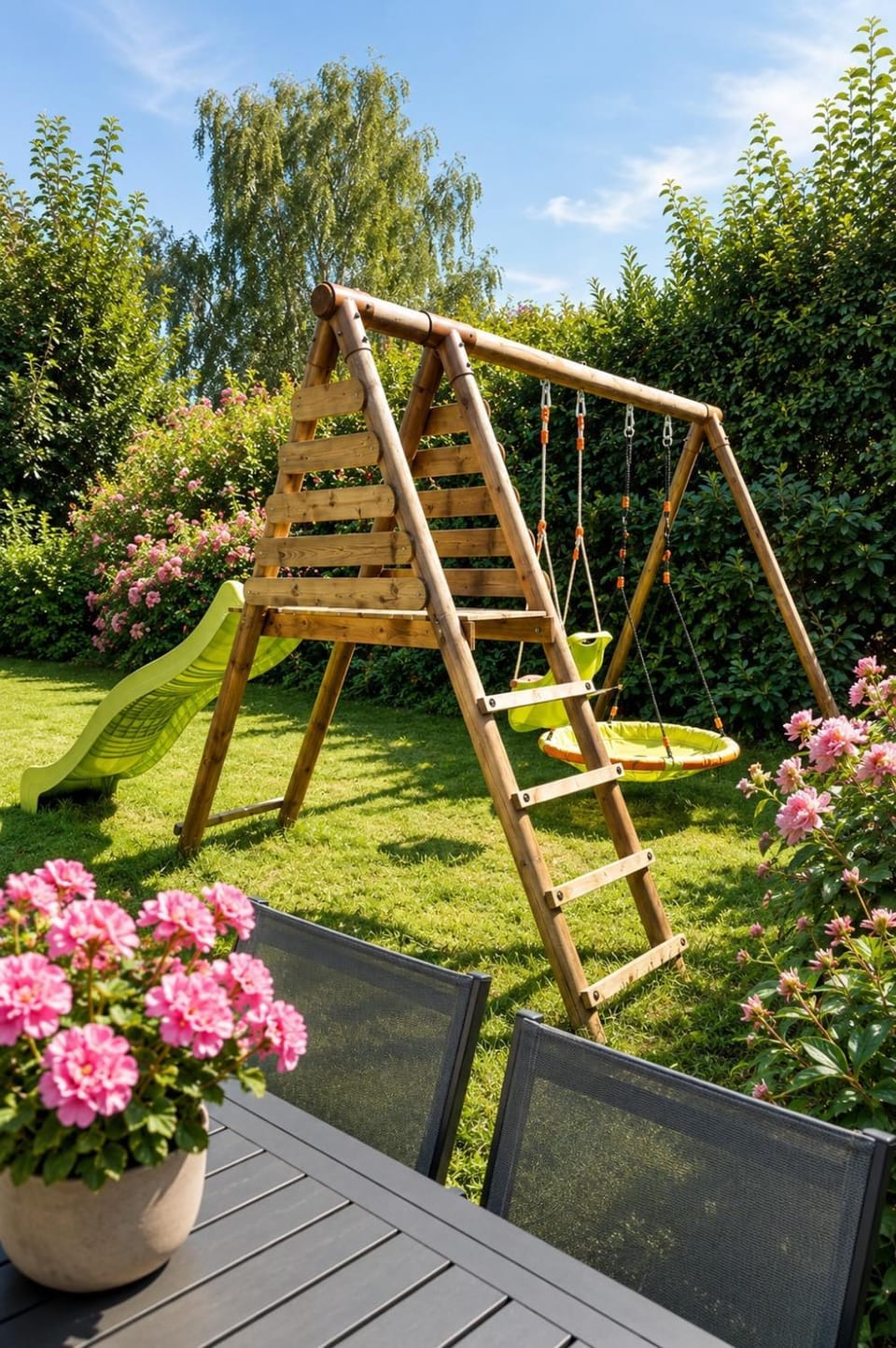 Patio, Spring, Day, Children play ground, Garden, Balcony/Terrace, Garden view