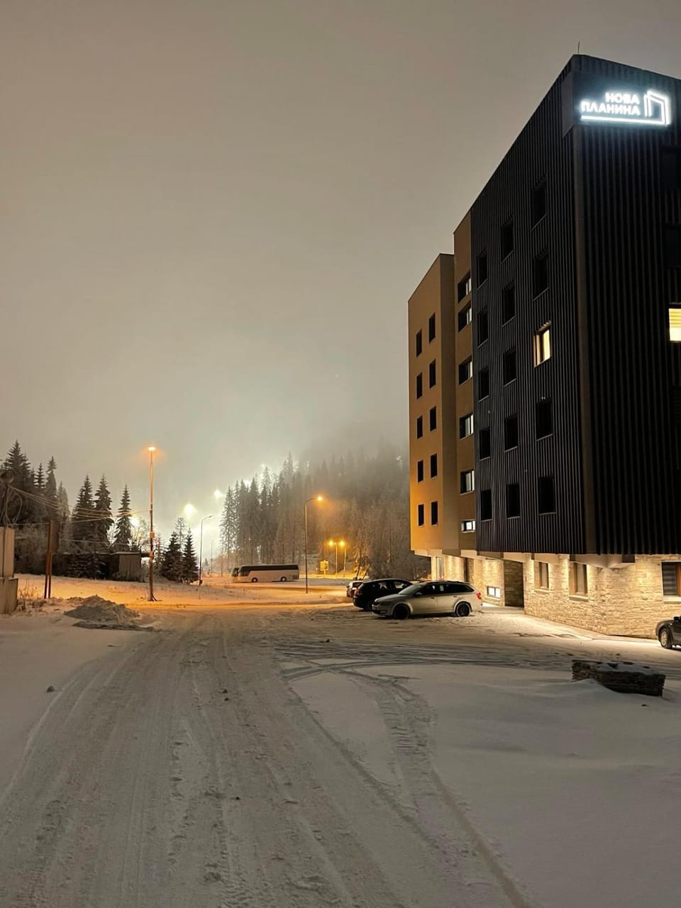 Property building, Night, Neighbourhood, Winter, Street view, Parking