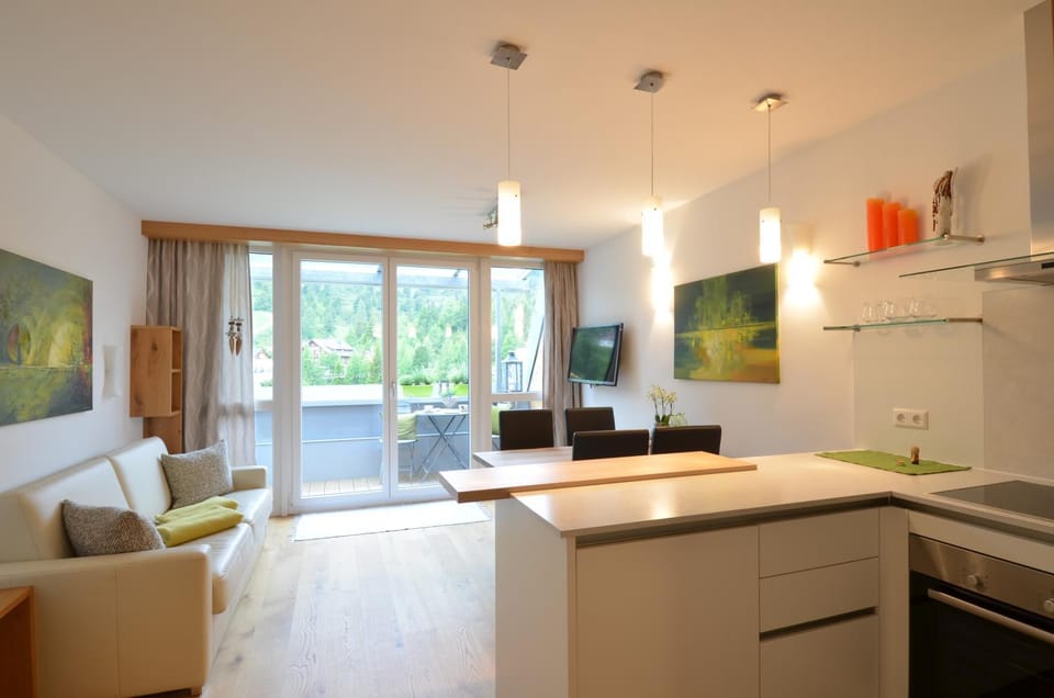 Kitchen or kitchenette, Living room, Seating area, Dining area, stove