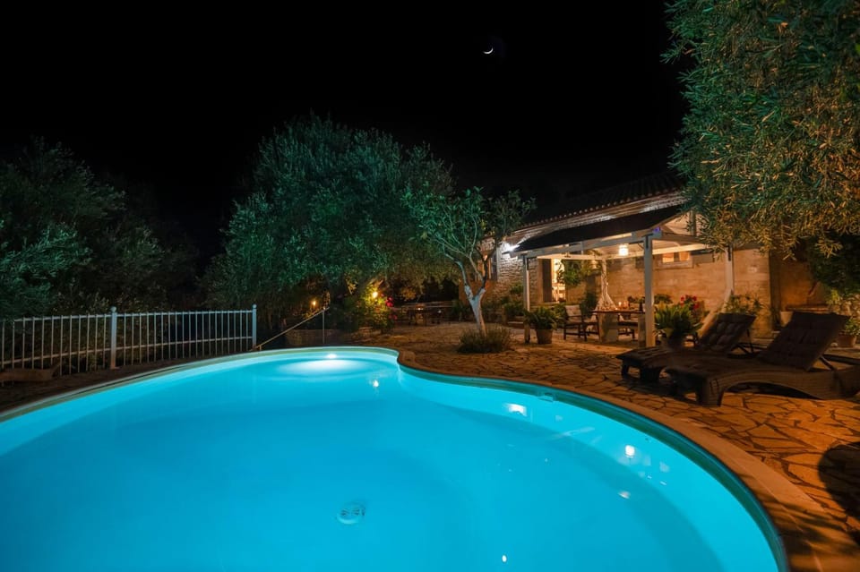 Patio, Night, Summer, Pool view, Swimming pool, sunbed