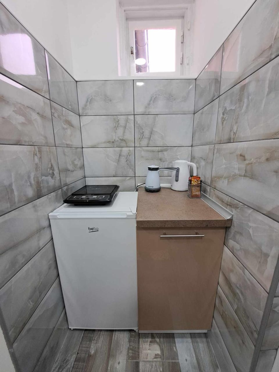 Kitchen or kitchenette, stove