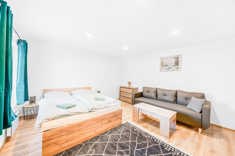 Bed, Living room, Seating area