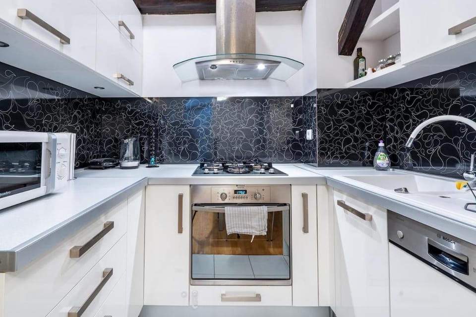 Kitchen or kitchenette, dishwasher, stove, toaster