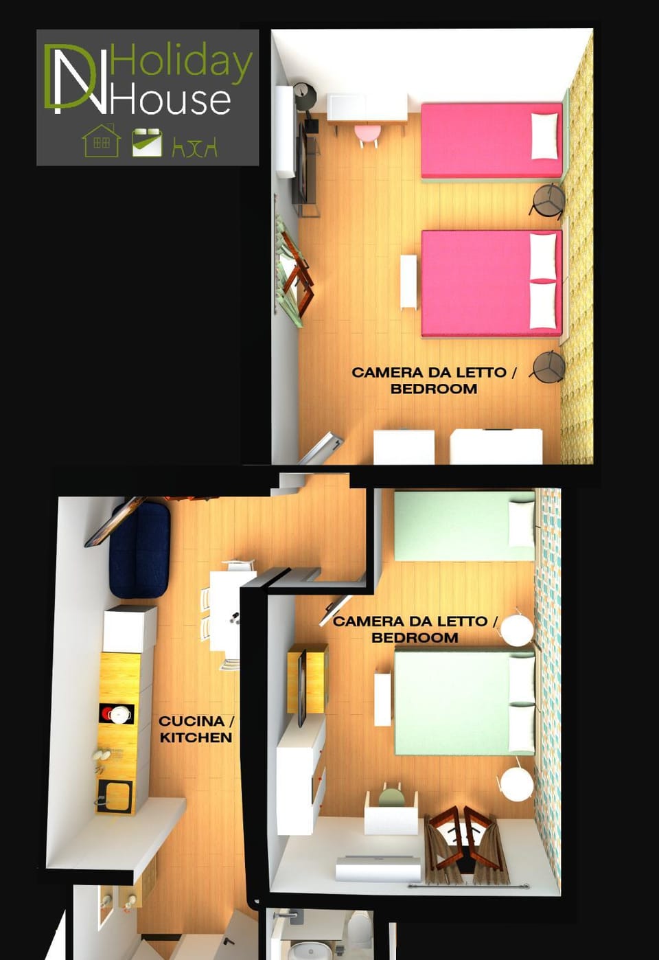 Bed, Property logo or sign, Bird's eye view, View (from property/room), View (from property/room), Other, Photo of the whole room, Decorative detail, Decorative detail, Logo/Certificate/Sign, Bedroom, Communal kitchen, furniture, furniture, locker, stove, kitchen, kitchen