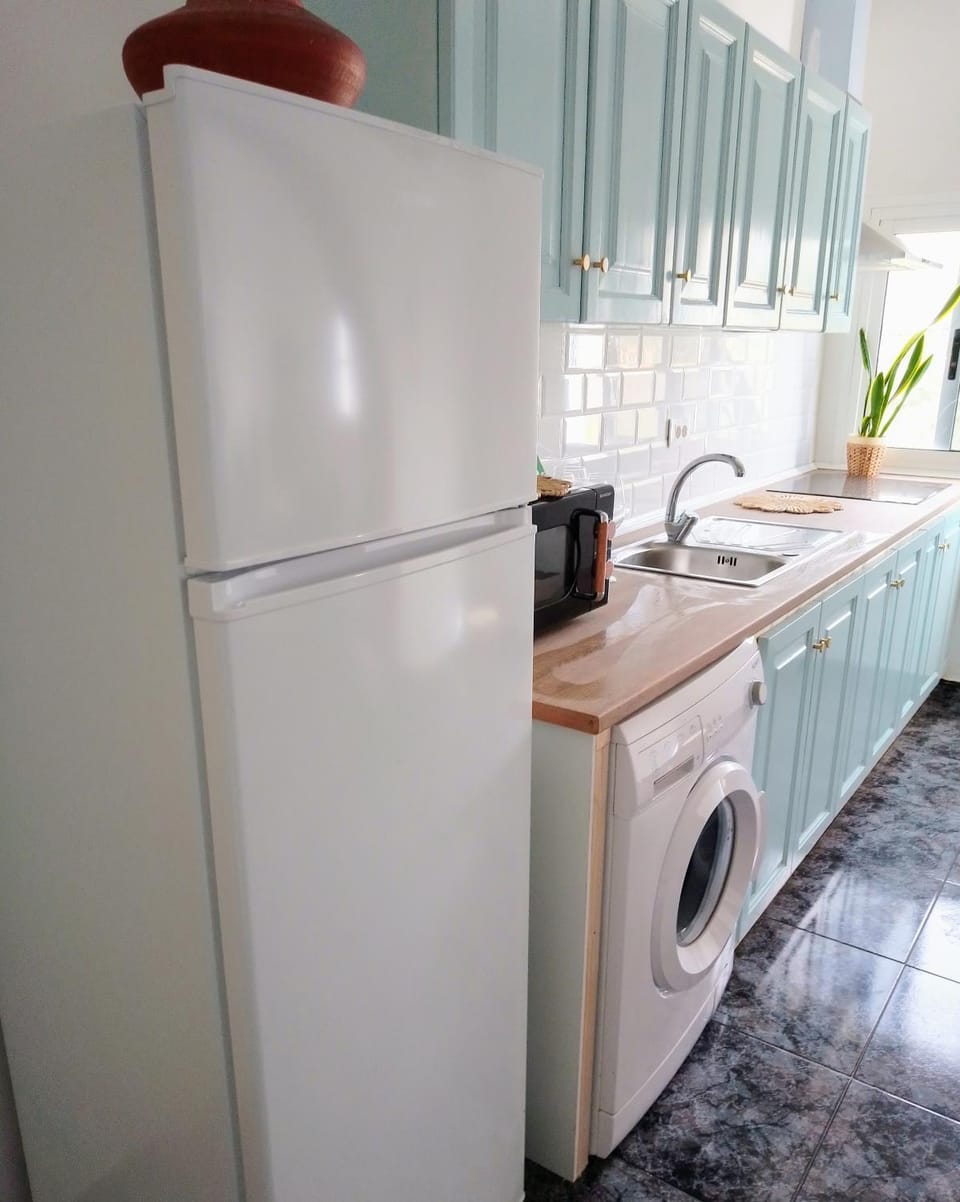 Kitchen or kitchenette, minibar, stove, washing machine