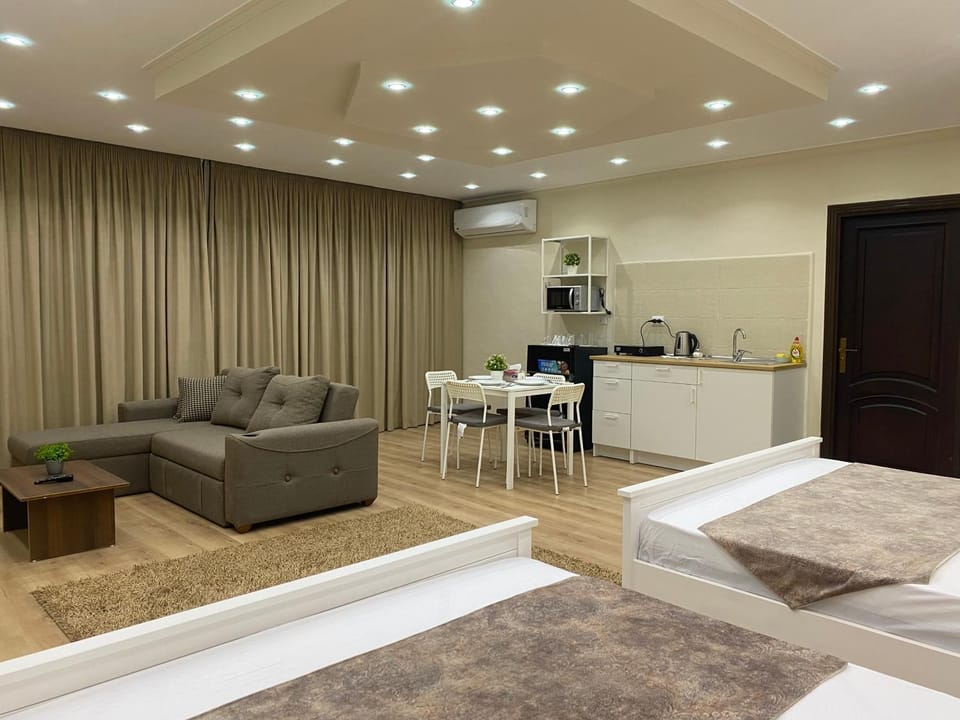 Bed, TV and multimedia, Kitchen or kitchenette, Living room, Photo of the whole room, Seating area, Dining area, Bedroom, air conditioner