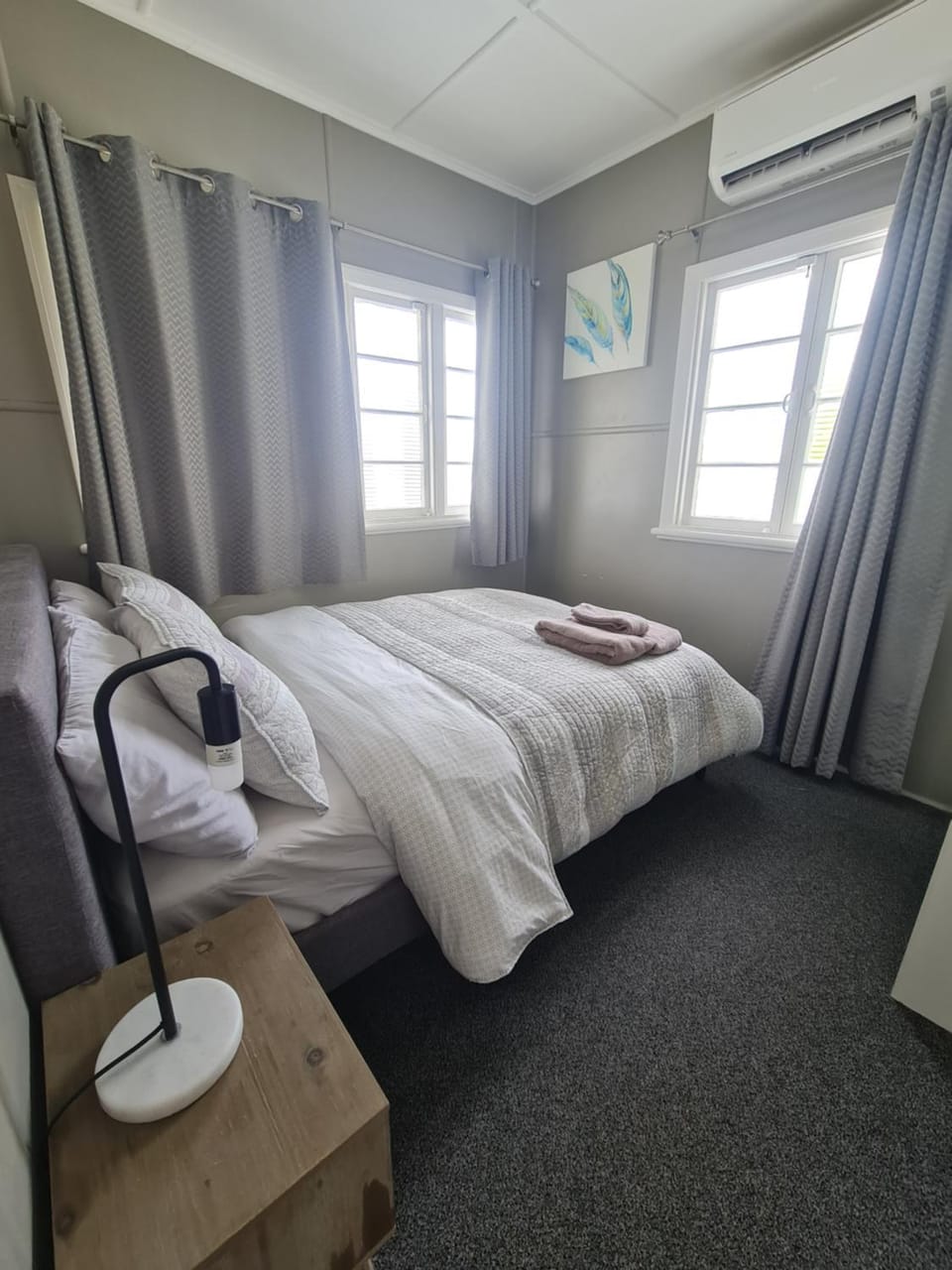Bed, Photo of the whole room, Bedroom, towels, air conditioner