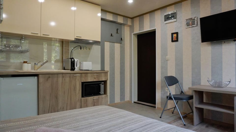 Bed, TV and multimedia, Coffee/tea facilities, Kitchen or kitchenette, Photo of the whole room, Dining area, Bedroom, minibar, stove