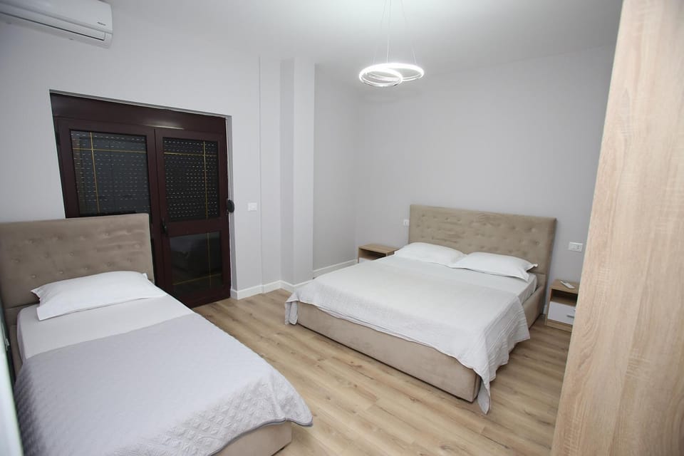 Bed, Photo of the whole room, Bedroom, towels, air conditioner