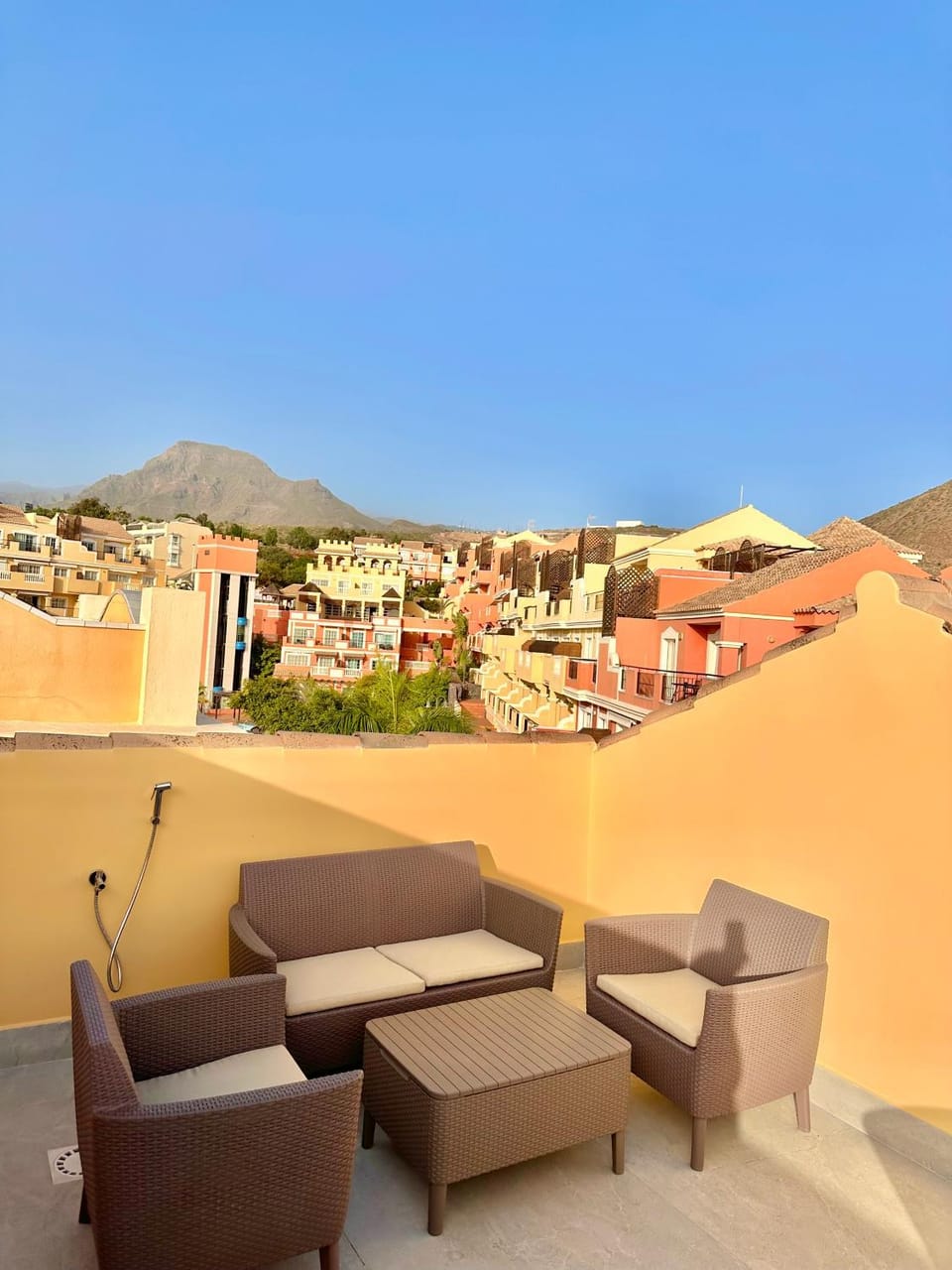 Property building, Day, Natural landscape, View (from property/room), Balcony/Terrace, Living room, Seating area, Mountain view